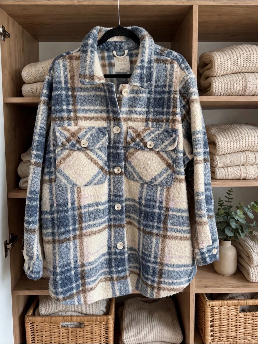 Cozy Plaid Teddy Shacket in Blue and Cream